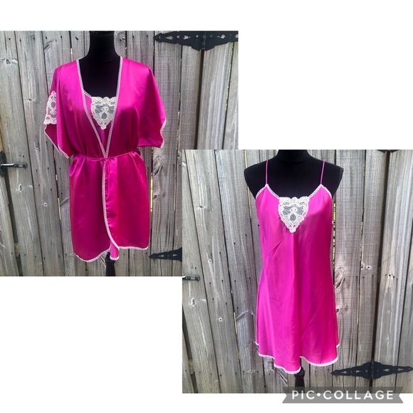 Wendy Ann Vintage Set Chemise & Robe Dark Pink Satin & Cream Lace Trim Size L